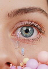 surreal closeup of eye with miniature figures on pink ladder painting lashes. pastel colors. concept of imagination and creativity. cosmetic industry, fantasy art.