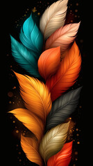 Vibrant Multicolored Feathers with Glowing Orbs on Black Background – Digital Art