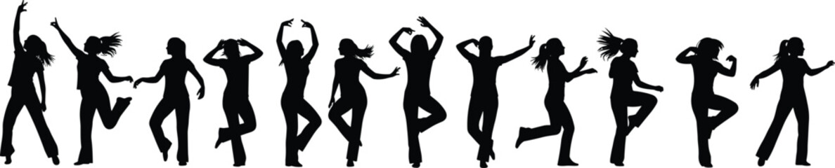 Diverse women dancing silhouette, joyful movement illustration, expressive pose artwork, fun and freedom concept, black vector design, artistic celebration