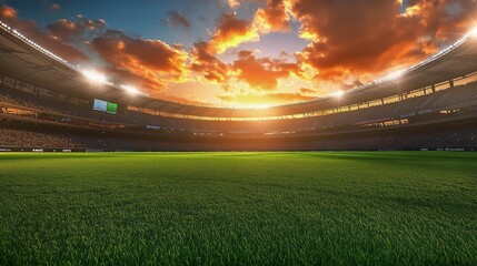 Fototapeta premium Bright Sunset Over a Vibrant Football Stadium Filled With Cheering Fans in the Evening