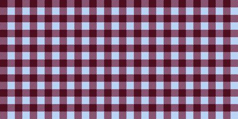 Seamless plaid pattern in burgundy, light blue colors. Gingham fabric texture background. Vintage checkered textile design.