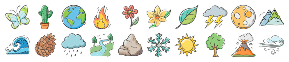 Hand-drawn Nature and Weather Icons Set - Collection of colorful doodle-style icons representing nature elements, weather symbols, and environmental themes in a playful cartoon style.