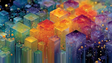 Vibrant Abstract 3D Glowing Cubes in Rainbow Colors, Geometric Blocks with Light Effects on Dark Background