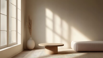 Beige Room Interior Sunlight Wooden Coffee Table Low Bench Dried Flowers Vase image