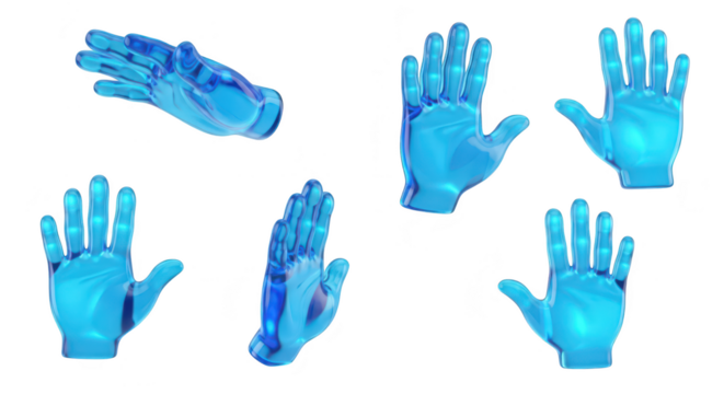 Transparent blue 3D hands in various poses against a white background used for illustrating concepts like gestures and digital art