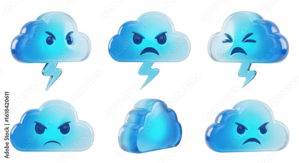 Poster 3d rendered angry weather clouds with lightning isolated on white used for climate forecast emotion 