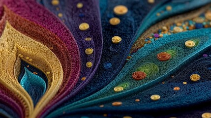 Colorful Abstract Textile-Inspired Pattern with Layered Fabric Texture and Decorative Dot Elements, Close-Up View