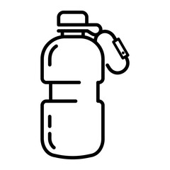 Outline icon of a water bottle with carabiner clip, in black and white minimalist style.