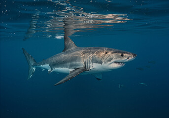 Majestic Great White Shark Swimming in the Ocean - Underwater View, Marine Life, Predator