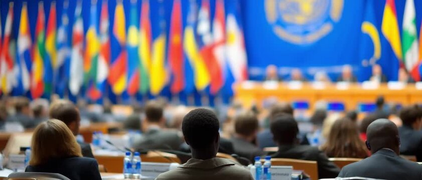 A global conference with attendees focused on international cooperation. 