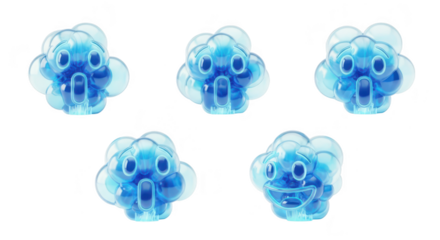 Five translucent blue cloud-like figures smiling against a white background potentially for children's education