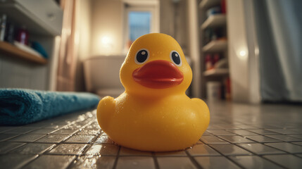 duck toy placed in a bathroom.
