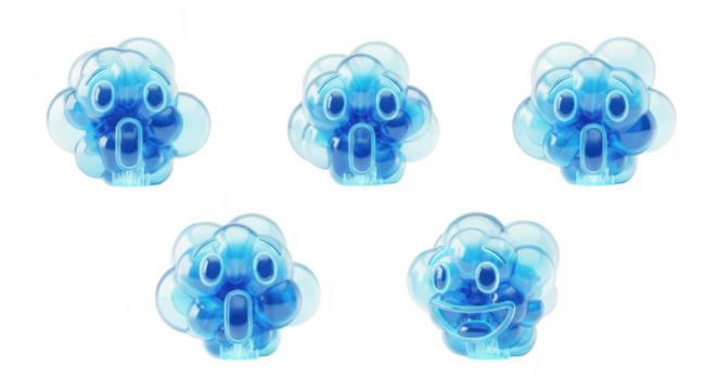 Five translucent blue cloud-like figures smiling against a white background potentially for children's education