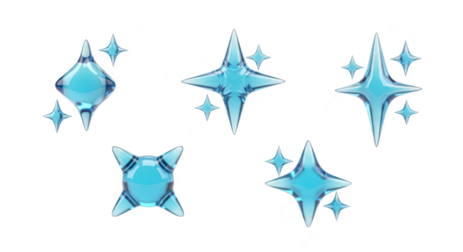 Five stylized blue sparkling stars floating on a white background possibly for UI elements or design assets