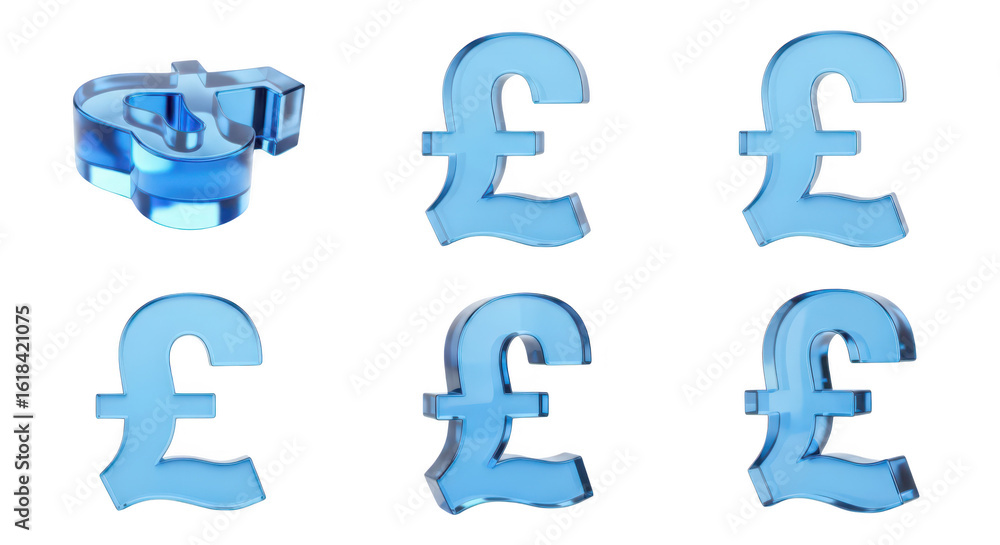Aufkleber crystal-like british pound symbol arrayed in multiple configurations on a white background for finan