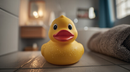 duck toy placed in a bathroom.