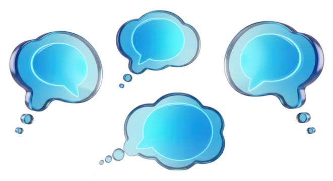 Transparent blue chat bubbles floating against a white background suggesting online communication and discussion usable for various media
