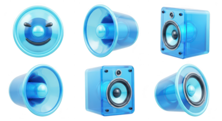 Six transparent blue speaker icons are isolated on white displaying various angles for graphic design use concept and multimedia