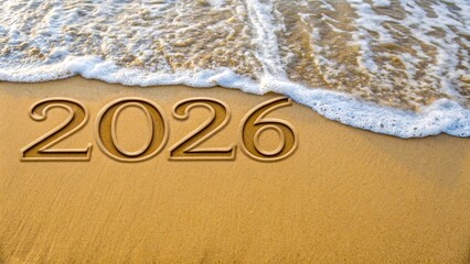 Fototapeta premium Year 2026 written on beach sand with ocean wave approaching for future and time concept 