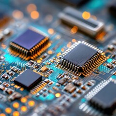 Extreme close up of electronic microchips and circuit boards, abstract tech background, metallic textures