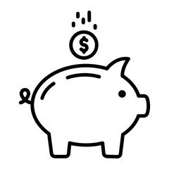 Outline Piggy Bank Icon with Dollar Coin in Minimal Line Style