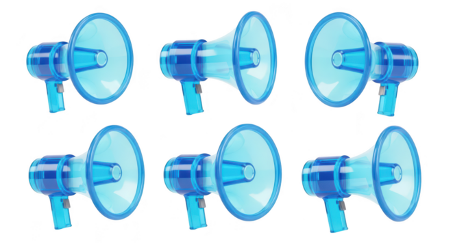 Six transparent blue megaphones in a row facing different directions isolated on white for announcement and communication