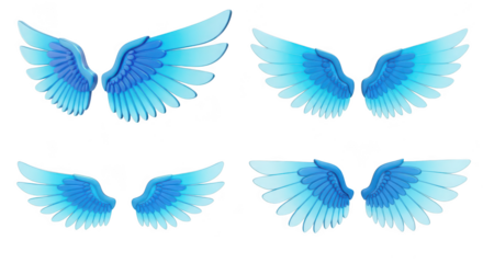 Four sets of blue transparent angel wings floating on a white background perfect for fantasy dream or hope-themed visuals