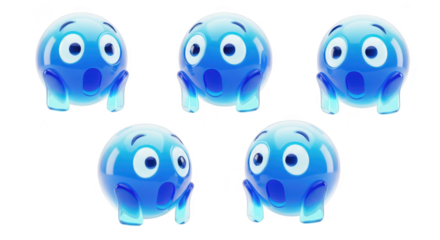 3D blue surprised emoji characters in a group showing shock emotions on a clean white backdrop ideal for social media and marketing