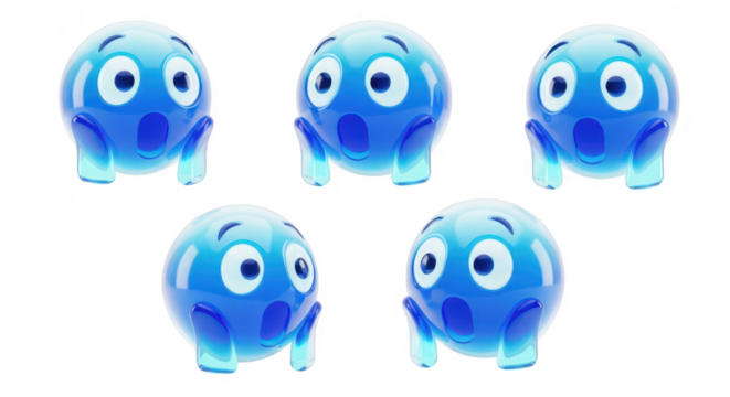 3D blue surprised emoji characters in a group showing shock emotions on a clean white backdrop ideal for social media and marketing