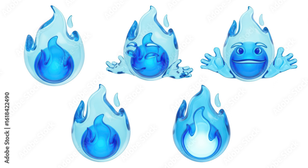 Poster animated blue flame characters playfully interacting isolated on a white background usable for anima
