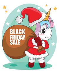 Vector cute hand drawn doodle hipster trendy magic unicorn with Santa red hat. Christmas greeting card print