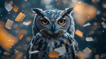 Mystical owl surrounded by ancient knowledge scrolls
