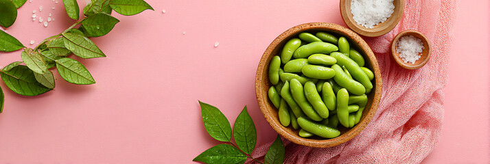 Fresh green edamame pods arranged in an oval wooden bowl on a pink background with green leaves and soft fabric