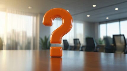 large orange question mark on the table in an office conference room, Blurred background, challenges or questions about business matters