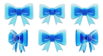 3D rendered set of blue ribbon bows different angles isolated on white used for celebration gifts decoration