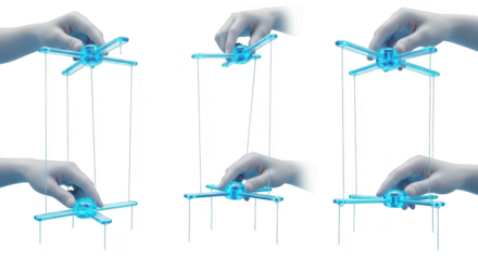 Three hands controlling glowing blue abstract puppets with strings against a white background suggesting manipulation control and influence in business or art