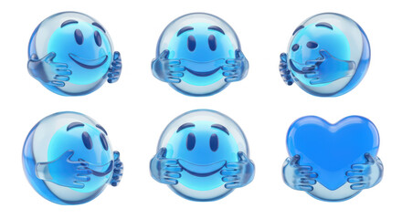 Smiling blue character held by hands expressing affection and holding a heart on a white background ideal for positive emotion visuals