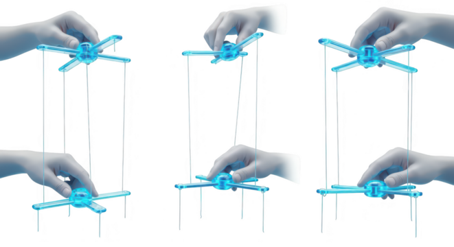 Three hands controlling glowing blue abstract puppets with strings against a white background suggesting manipulation control and influence in business or art