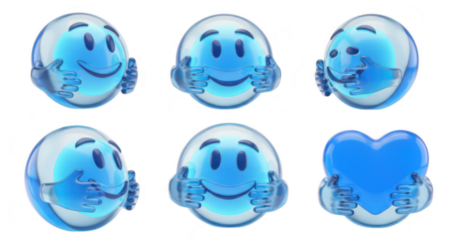 Smiling blue character held by hands expressing affection and holding a heart on a white background ideal for positive emotion visuals