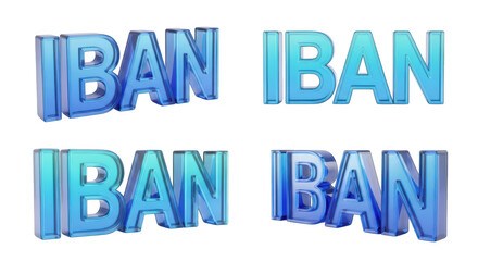 Four distinct 3D blue glass renditions of IBAN text signifying international banking and secure financial transactions