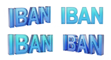Four distinct 3D blue glass renditions of IBAN text signifying international banking and secure financial transactions