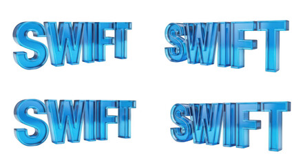 Four different 3D blue glass renditions of SWIFT text emphasizing speed and efficiency in various aspects
