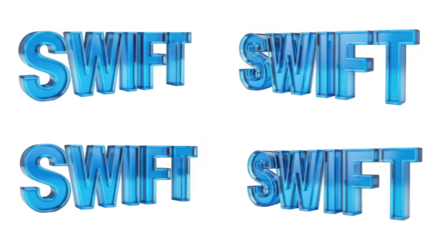 Four different 3D blue glass renditions of SWIFT text emphasizing speed and efficiency in various aspects