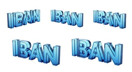 Five distinct 3D blue glass renditions of IBAN text signifying international banking and secure financial transactions