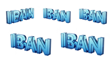 Five distinct 3D blue glass renditions of IBAN text signifying international banking and secure financial transactions