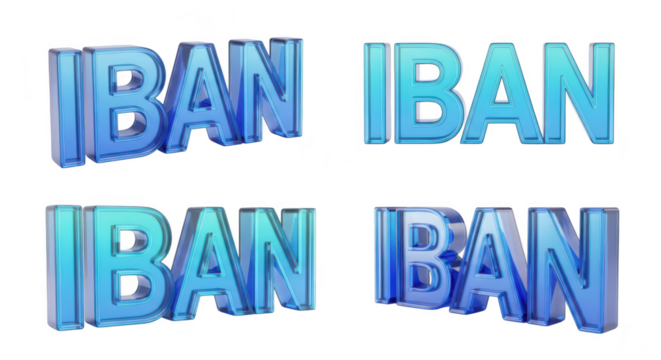 Four distinct 3D blue glass renditions of IBAN text signifying international banking and secure financial transactions