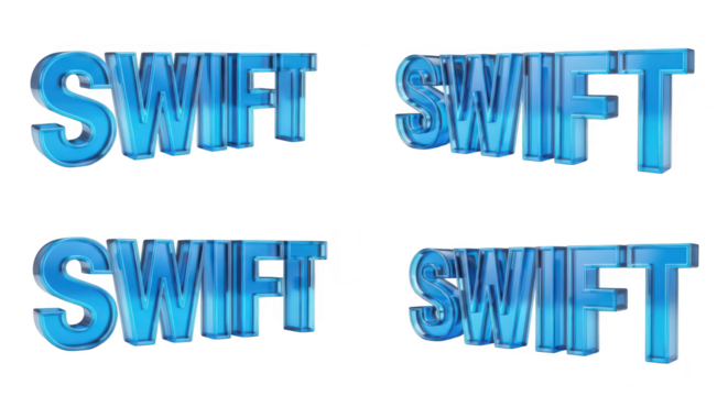 Four different 3D blue glass renditions of SWIFT text emphasizing speed and efficiency in various aspects