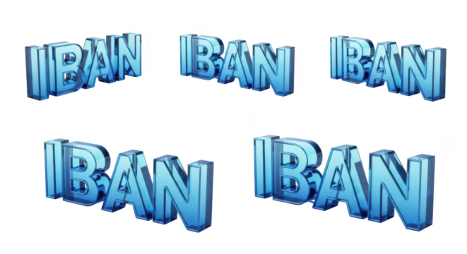 Five distinct 3D blue glass renditions of IBAN text signifying international banking and secure financial transactions - Powered by Adobe