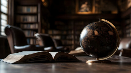 Dark Wooden Library Interior With Globe And Open Book