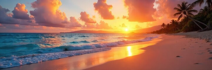 Fototapeta premium Golden Hawaiian sunset paints the sky vibrant hues of orange and pink, reflecting on the calm ocean waves lapping a pristine sandy beach Perfect tropical escape imagery , orange, calm